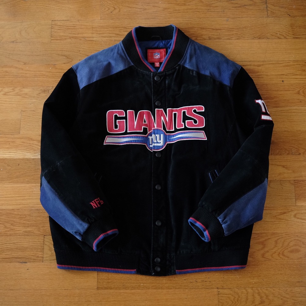 NFL New York Giants Varsity Jacket Men XXL Black Blue Suede Bomber Vintage Style